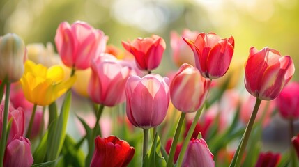 Colorful Tulip Flowers in Garden with Copy Space
