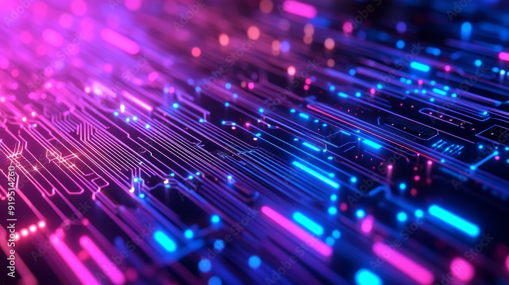 Poster an intricate circuit board adorned with neon lights symbolizing connectivity.