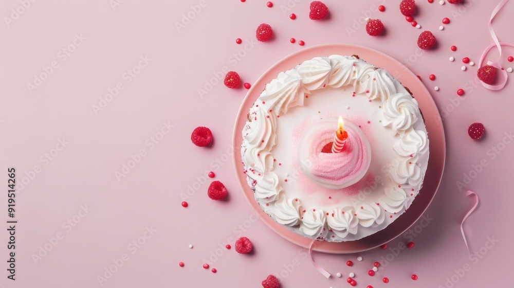 Poster composition of birthday card with candle cake pattern on pink background flat lay view with space fo