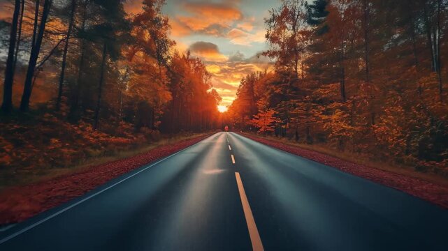 The road at sunset is surrounded by forest, creating a feeling of infinity and tranquility