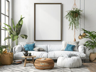 A white couch sits in front of a large black framed picture.Generative AI