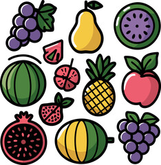 Design a colorful set of fruits icon. Fruits Sticker concept On White Background.