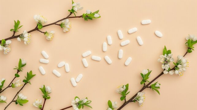 Concept of treating seasonal allergies with antihistamine pills spring tree branches with new green leaves on beige background