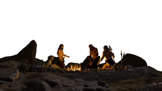 Prehistoric cavemen by the campfire 3d render