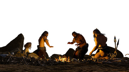 Prehistoric cavemen by the campfire 3d render