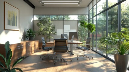 Obraz premium Modern Office Interior with Large Windows and Plants