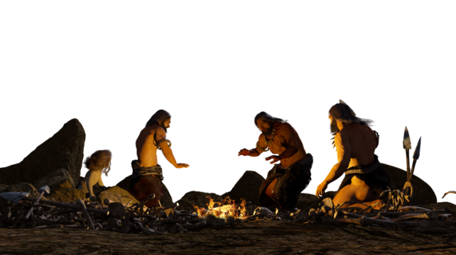 Prehistoric cavemen by the campfire 3d render
