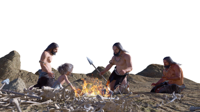 Prehistoric cavemen by the campfire 3d render