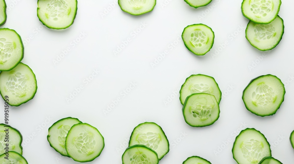 Poster cucumber slices and whole isolated on white background with space for text