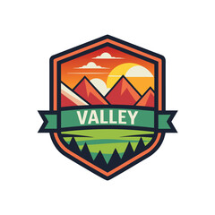 Valley logo icon vector design Mountain landscape illustration. Serene mountain scape, rivers in perfect harmony. with text valley design