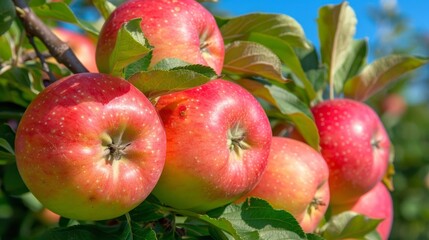 Obraz premium Close up of ripe apples on apple tree branch against blue sky in vibrant close up shot