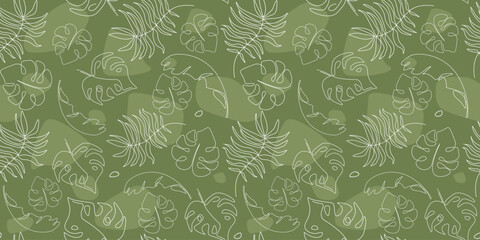 Seamless pattern with abstract tropical leaves line art. Natural exotic print with plant silhouettes and simple shapes. Vector graphics.