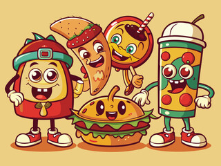 Retro cartoon fast food. Vintage 60s food mascot characters. Groovy 70s stickers in trendy style. Comic soda, crazy burger, psychedelic hot dog, cute pizza face. Vector set
