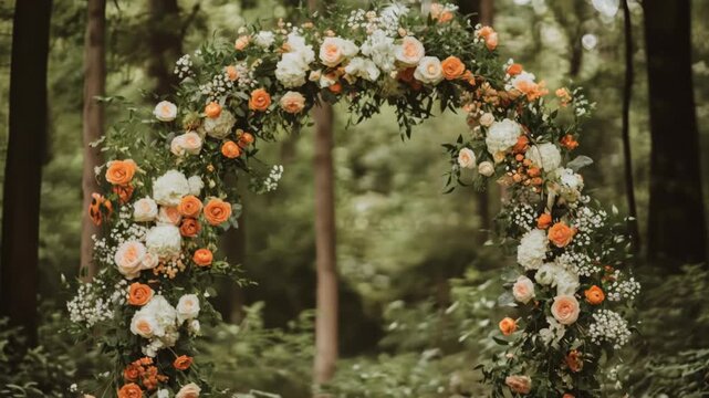 Floral wedding arch with roses and greenery in a forest setting in 3D animation