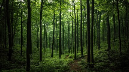 A Dense Forest Path Through Lush Green Trees