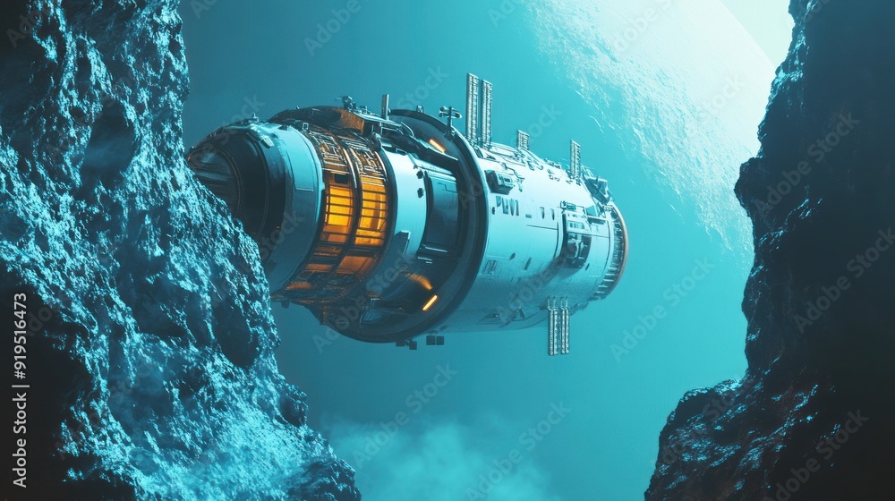 Poster futuristic spacecraft navigating between asteroid cliffs