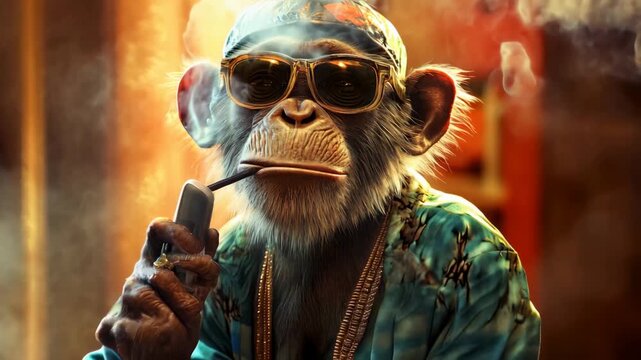 Cool monkey wearing sunglasses and smoking a pipe in a stylish outfit in 3D animation