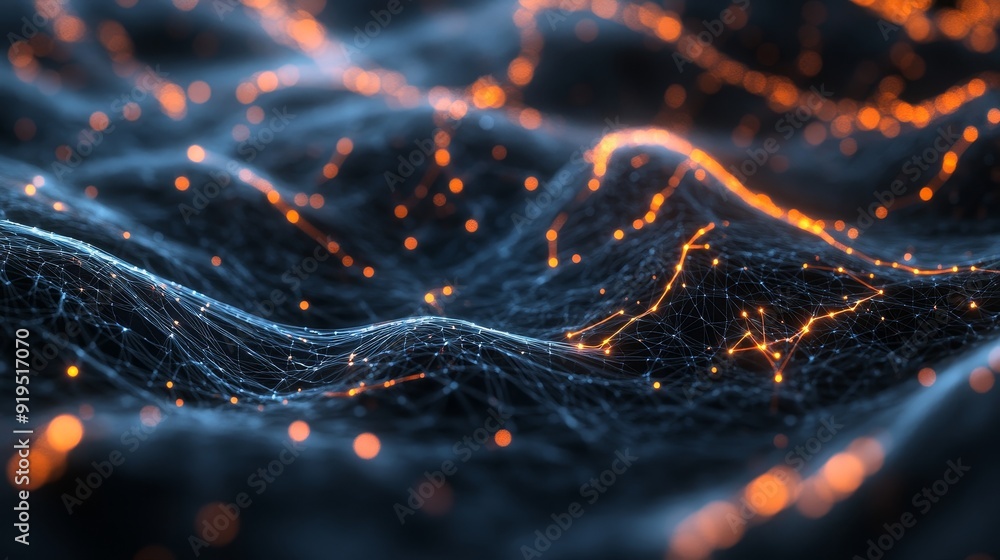 Poster a background of illuminated fiber optic connections, quantum computing networks, and electronics for