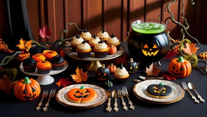 Naklejka premium festive halloween themed table setting decorated with an assortment of spooky and sweet treats on a dark wooden background.