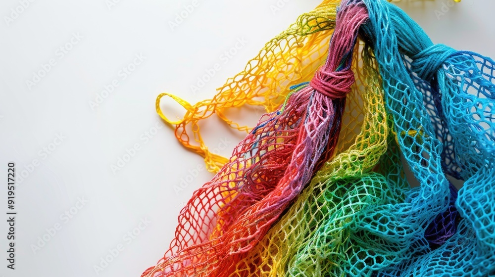 Poster eco friendly cotton net bag with colorful strings on white background