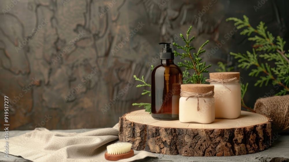 Poster eco friendly product display on pine stump with natural elements and space for text