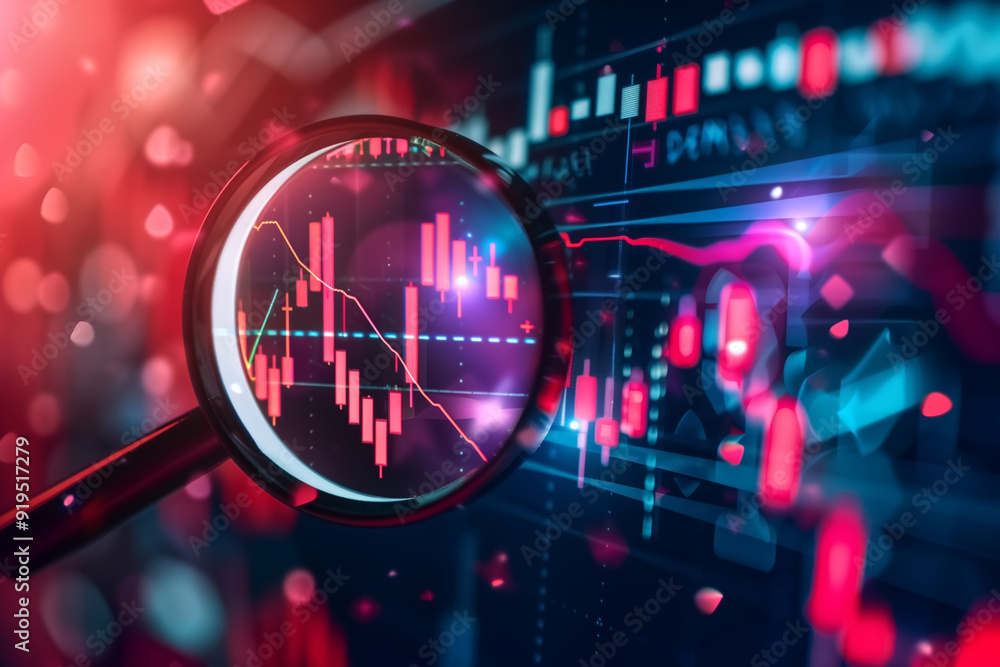 Poster magnifying glass analyzing stock market data with financial graphs and charts in a digital interface