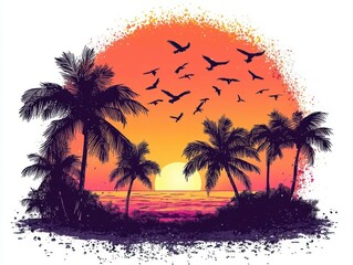Tropical sunset with warm hues and palm tree silhouettes isolated on white background