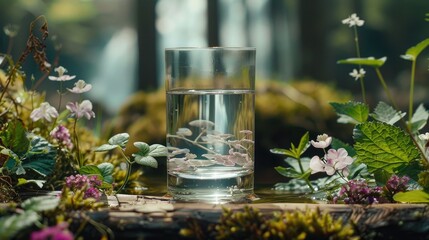 Naklejka premium Glass of water with flowers floating in it, surrounded by greenery on a wooden surface.