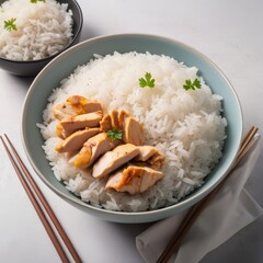 a bowl of rice with chicken and chop sticks.