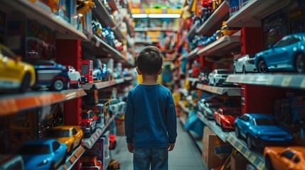 Child in a toy store aisle, gazing at shelves lined with colorful toy cars and vehicles, in a captivating shopping environment.