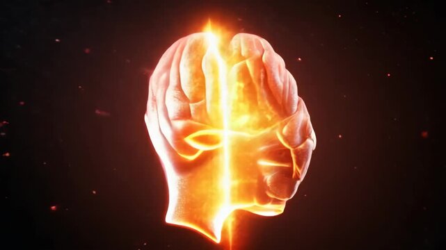 Exploding human brain surrounded by fiery clouds and energy in 3D animation