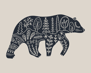 Bear folk graphic collage applicable label element in line monochrome style with ornate flower decoration symbols, floral pattern. Nature logo, textile t-shirt print and more. Mascot shamanic