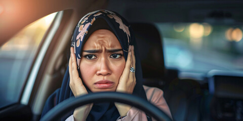 A young woman in a hijab is driving a car, looking worried and distressed.. asian woman
