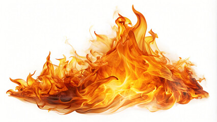 Blazing inferno with fiery orange flames dancing on a white background