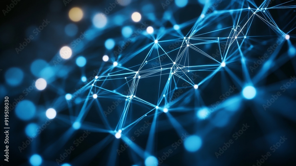 Poster background with a cyber network grid and connected particles. artificial neurons, global connections