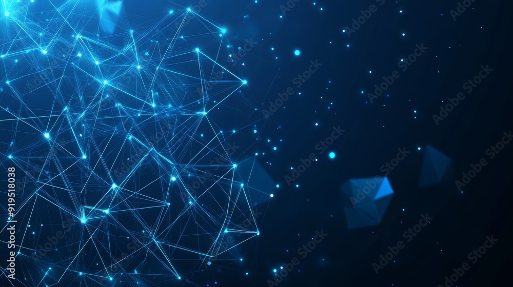 Poster a blue abstract technology background with a cyber network grid and connected particles. artificial 