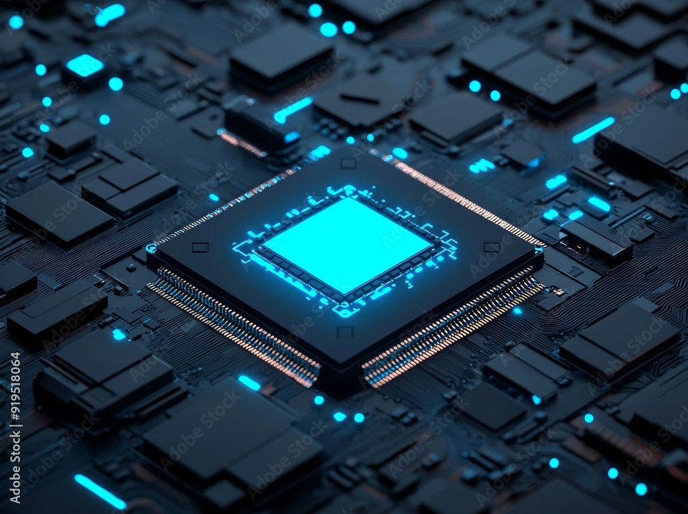 Poster ai cpu. sci-fi semiconductors. stock processor unit.