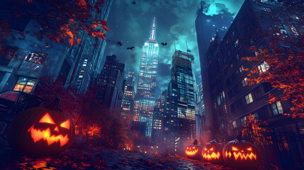 Fototapeta premium A Halloween night scene featuring a forest and city with a fiery, animated bonfire burning brightly against a dark sky