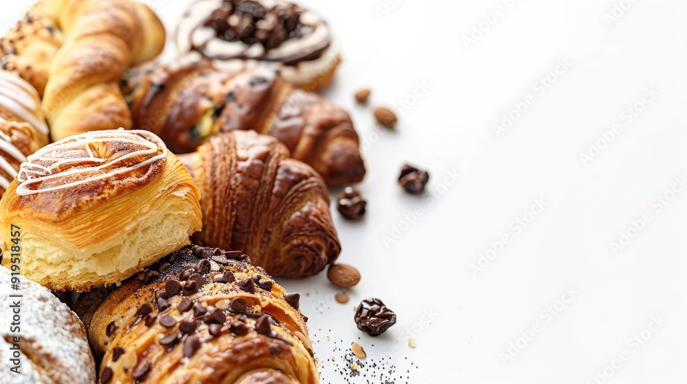 Poster freshly made bakery pastries on white background with space for text vertical image with selective f