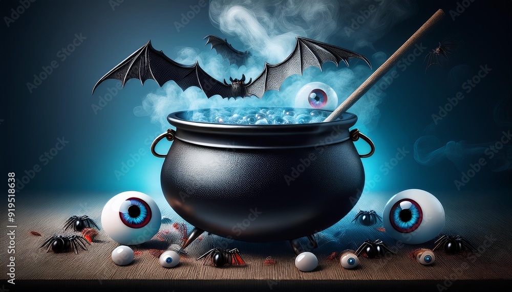 Wall mural halloween themed scene - bubbling cauldron surrounded by magical potion ingredients like eyeballs, s