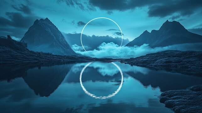 A beautiful landscape view of a semi-cloudy circle reflecting water at night, flanked by two mountains