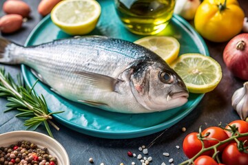 Delicious and healthy fish. Raw dorado with lemon and ingredients on a dark background. Banner, menu, place for recipe text, top view.