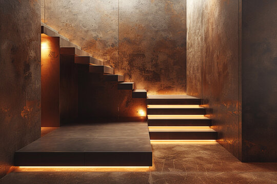 Staircase in the luxurious house, Beautiful brown marble stairs  with luxary lightining Home Interior