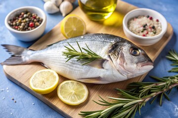Delicious and healthy fish. Raw dorado with lemon and ingredients on a dark background. Banner, menu, place for recipe text, top view.