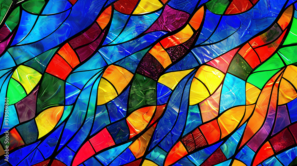 Poster stained glass texture creating a pattern of colorful shapes and lines