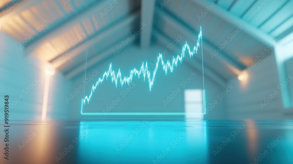 Poster a graph is displayed on a screen in a room with a blue background