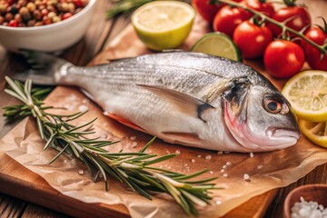 Delicious and healthy fish. Raw dorado with lemon and ingredients on a dark background. Banner, menu, place for recipe text, top view.