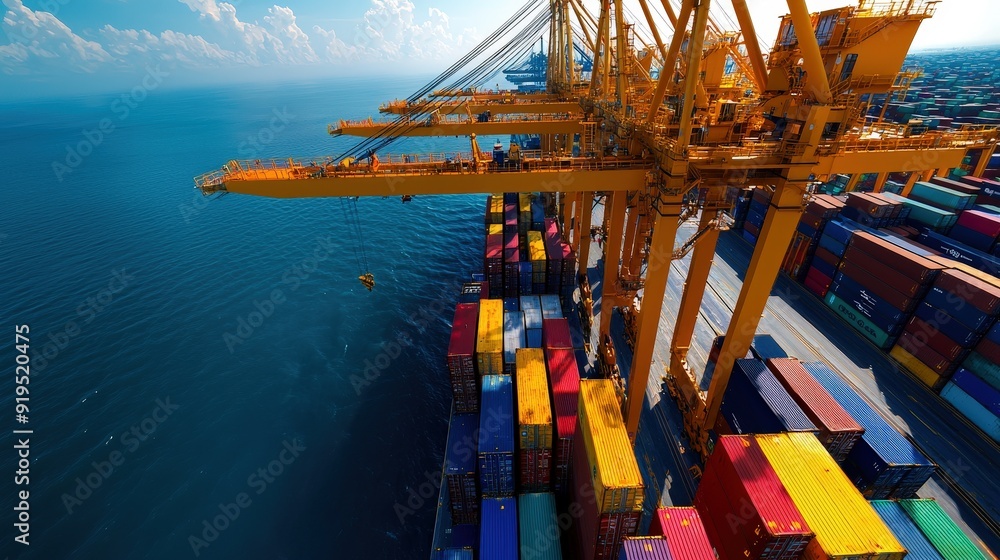 Poster high-tech cargo cranes operated by ai in a modern automated port
