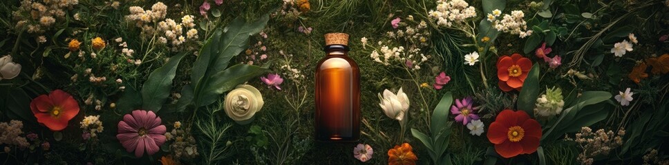 Dropper Bottle With Amber Glass Amidst Lush Botanical Arrangements On Green Background