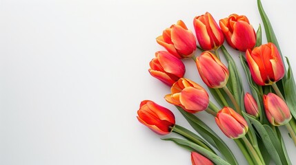 Isolated bright tulip bouquet on white background festive greeting theme flat lay view